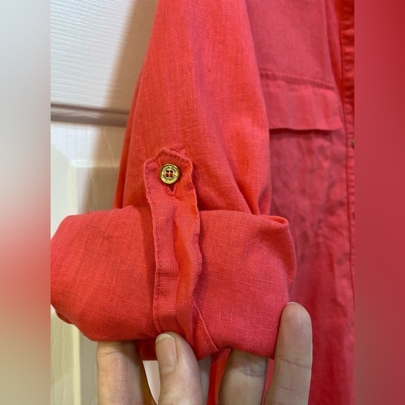 Women's Linen Cotton Blend Pink Button Up Blouse Classic Roll Tab Sleeve Size M - Picture 6 of 10